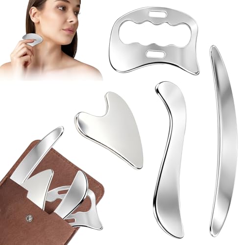 4-in-1 Gua Sha Edelstahl Edelstahl Muskelschaber Werkzeug Lymphdrainage Massage Tool Muskel Faszien Schaber mit Filz Aufbewahrungstasche für Beine Rücken Gesicht Nacken Massage Gua Sha