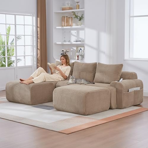 Zepneiy Canapé 3 Places modulaire, avec 2 Repose-Pieds Amovible, Canapé modulable en U avec Porte-gobelet et Poches de Rangement latérales, Convient aux...