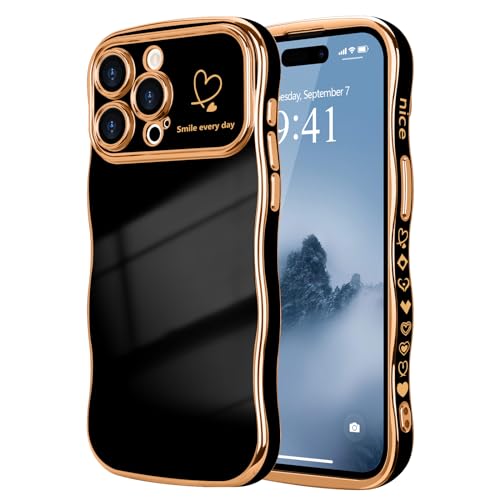 LCHULLE for iPhone 14 Pro Case for Women Girls, Cute Wave Frame Curly Shape with Love Heart Pattern Raised Camera Protection Cover Luxury Plating Shockproof Phone Case for iPhone 14 Pro, Black
