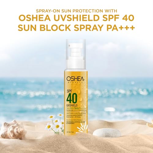 Image of Oshea Herbals SPF 40 UVshield Non Greasy & Water Resistant Spray Sunscreen for All Skin Types | Protection from UVA & UVB, Removes Tanning | Enriched with Licorice & Chamomile Extract 120g