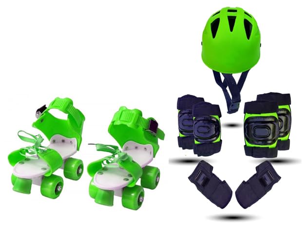 Image of Kids Roller Skates Set with Helmet, Knee Pads, Elbow Pads and Wrist Guards (Green)