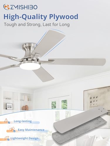 Image of ZMISHIBO 60 Inch Ceiling Fan with Light, App&Remote Control, Flush Mount Low Profile, Dimmable 20W LED Light, Quiet Reversible Motor for Bedroom, Living Room, Apartment, Nickel