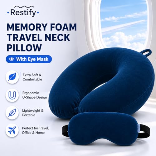 Image of Restify Premium Memory Foam Travel Neck Pillow with Eye Mask | Soft Velvet U Shape Neck Support Cushion for Flight, Airplane, Car & Office Travel | Portable Pillow for Men & Women | Navy Blue