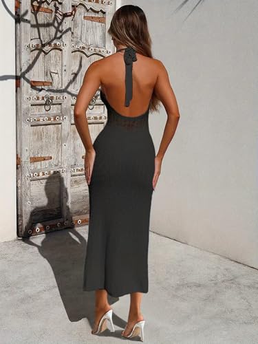 Womens Crochet Sheer Knit Slim Fit Beach Midi Dress Summer 2025 Sexy Halter Backless Slit Bathing Suit Cover Up3