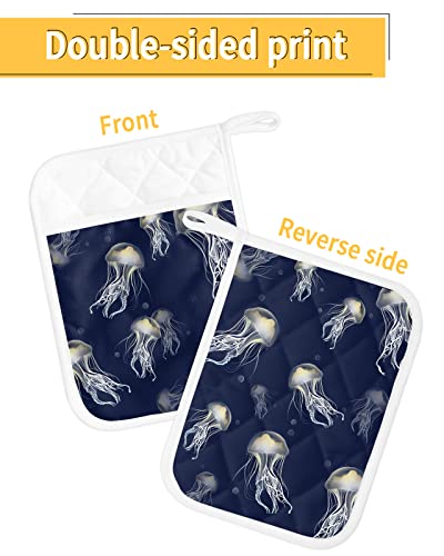 2 Pack Pocket Pot Holders, Ocean Jellyfish Hot Pads For Kitchen Heat Insulation Potholders, Underwater World Nautical Animal Navy Blue Pot Holder Oven Mitts Hot Pad Trivet For Baking Cooking 9"X7" #TOP1