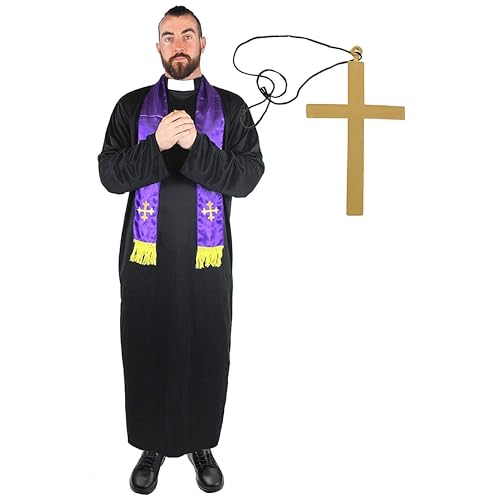 Men’s Priest Costume with Gold Cross Necklace - XXLarge - Long Black Robe with White Clerical Collar, Purple Scarf Vestment & Large Gold Cross - Deluxe Religious Novelty Fancy Dress Outfit