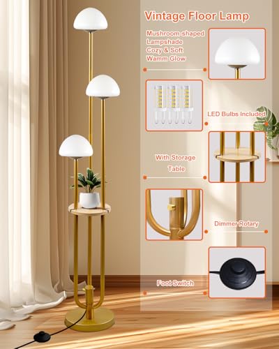 Image of Gold Dimmable Floor Lamp with Table, Modern Floor Lamps with Mushroom Shades for Living Room, 3000K Warm White Tall Standing Lamp with Bulbs& 5Lbs Heavy Base for Bedroom /Office