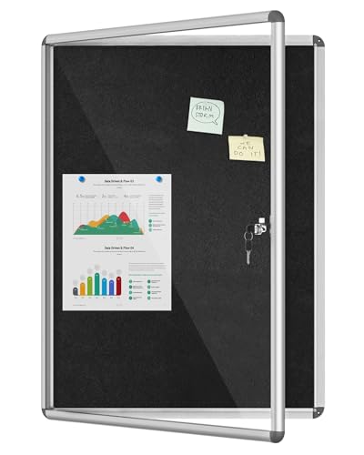 38"x28" Enclosed Bulletin Board, Lockable Weather-Resistant Aluminum Cork Noticeboard for School & Office, Silver Frame w/Black Flet