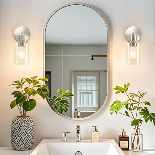 Image of DLLT Wall Sconces Set of Two: Modern Bathroom Vanity Light Fixtures - Nickel Vanity Lights with Clear Glass Shade - Farmhouse Wall Lamp for Bedroom Living Room Mirror Hallway Kitchen