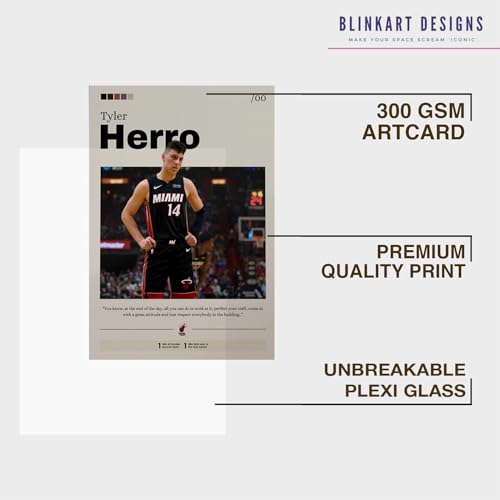Image of BLINKART Tyler Herro NBA BasketBall Player Synthetic Wood Photo Framed Wall Hanging Poster For Room & Office Bedroom Living Boys and Girl Room Home Wall Hanging(12 * 18 Inches)