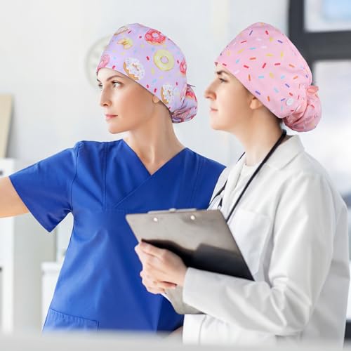 Image of 6 Pcs Scrub Caps for Women Doctor Nursing Hats with Buttons Adjustable Tie Back Working Cap Bouffant Scrub Hats for Women Men
