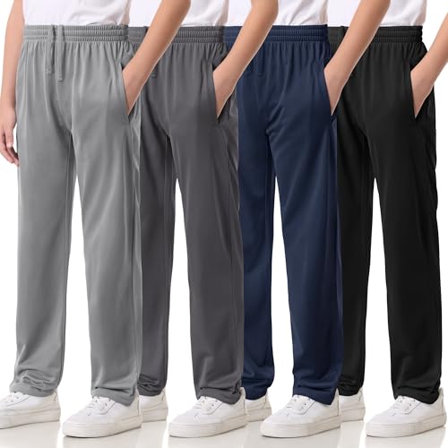 4 Pack Boys Lightweight Sweatpants, Tricot Sweat Pants for Boys Athletic Open Bottom Pants with Pockets & Drawstring
