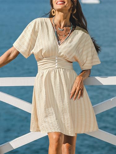 Image of CUPSHE Women Summer Dress Striped V Neck Smocked Waist Front Buttons Sun Dress Casual Vacation Beach Short Mini Dress