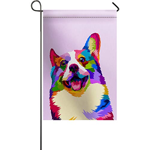 PartyShow Garden Flags, Illustrator Corgi with Colorful Geometry Vertical Double Sided Seasonal Yard/Lawn/Outdoor/Garden Flag Pink Simple Backdrop 28 x 40 inch