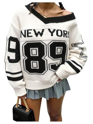 Girl's Y2K V Neck Knit Sweater Number Star Pattern Long Sleeve Lightweight Pullover Jumper Tops