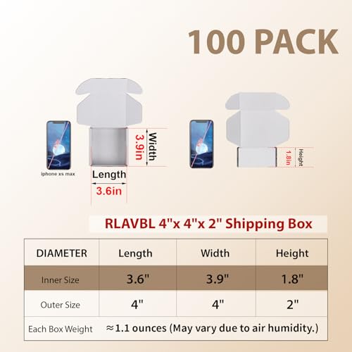 Image of RLAVBL 4x4x2 Shipping Boxes Set of 100, White Corrugated Cardboard Box for Packing, Mailing, Business