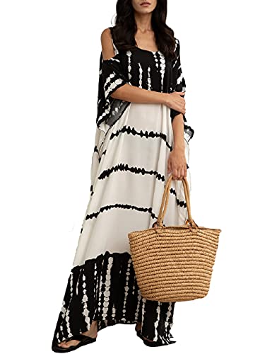 Bsubseach Robe Caftan de Plage Noire et Blanche pour Femme Maillot de Bain à épaules dénudées Cover Ups pour Maillots de Bain Robes Caftan