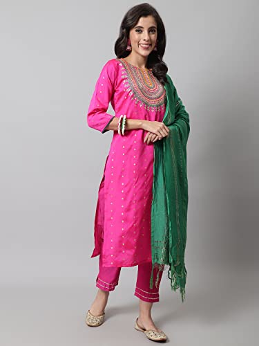 Image of VredeVogel Women's Silk Blend Embroidered Straight Kurta Trouser with Dupatta Set