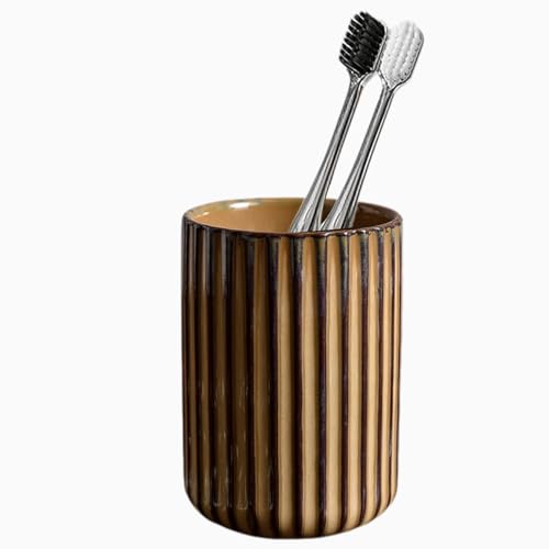 Ceramic Toothbrush Holder for Bathroom Ceramic Toothbrush Cup Toothpaste Organizer for Bathroom Countertop Bathroom Storage Organizer Kiln Transformation Cup (Brown)