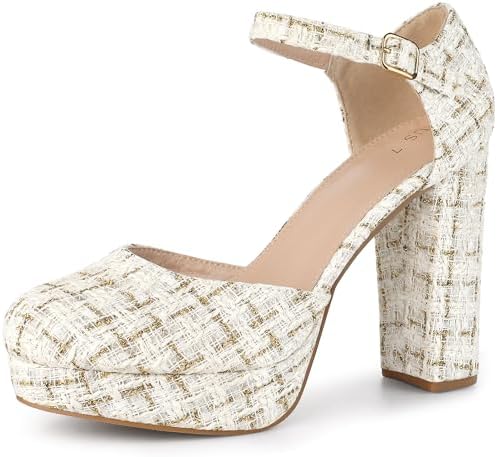 Allegra K Women's Round Toe Platform Tweed White Gold Chunky Heels Pumps 7 M US