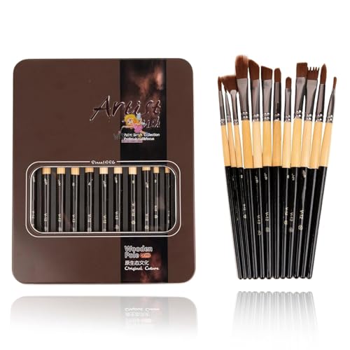 Image of WISHKEY 12 Pcs Professional Paint Brush Set with Metal Storage Box | Synthetic Bristle Brushes for Acrylic, Watercolor, Oil & Gouache Painting | Assorted Artist Brushes for Kids, Students & Adults