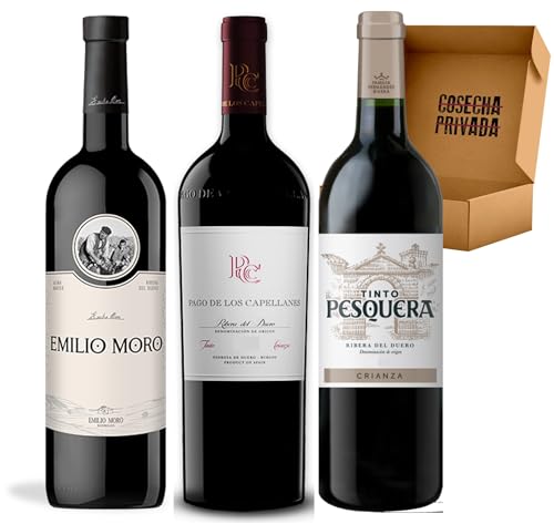 Pack Vinos Ribera del Duero - Envio 24h - Vinos Regalo - Emilio Moro, P. Capellanes Crianza, Pesquera- Cosecha Privada (3 x Botella 75 cl, 1.05)