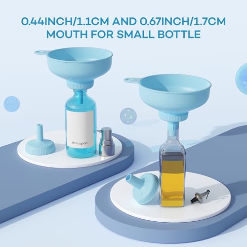 Pisol Wide Mouth Versatile Funnel, Canning Funnels for Kitchen Use, Food Grade Plastic Cooking Funnel Set with 4 Size Spouts and 2 Strainers for Filling Different Bottles and Bags, Blue