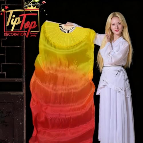 Image of Premium Dancing Long Veil Bamboo Folding Streamer Silk Hand Fan For Dance Shows (Fire Flames, Pack of 1 Piece)