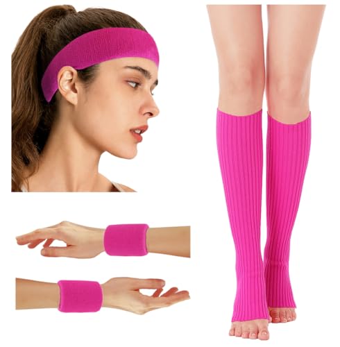 v28 Neon Leg Warmers Set for women Headband Sweatbands Wristbands 80s 90s Pink Running Fanny 80’s Plus Size Costumes Pack