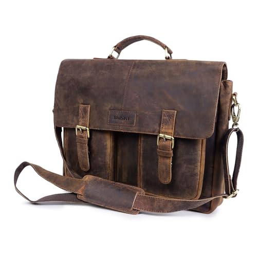 TRISKY Leather Messenger Bag for Men, Laptop Messenger & Shoulder Bags, Leather Book Bag, college graduation gifts for him, Travel, Work (Vintage Hunter Brown, 16 inch)3