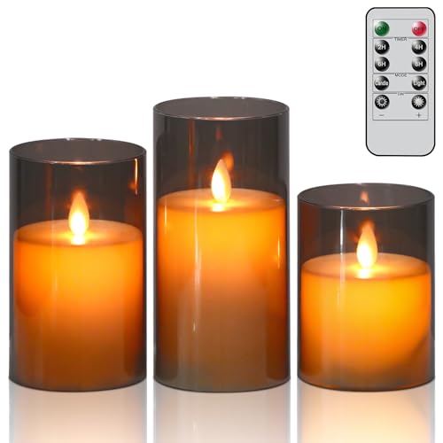 DRomance Black Glass Flameless Candles with Remote Timer Moving Wick Battery Operated LED Flickering Pillar Candles Plastic Dinner Wedding Christmas Holiday Decor D3 x H4, 5", 6"