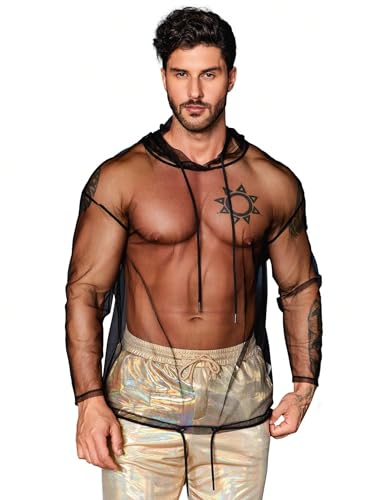 WDIRARA Men's See Through Mesh Sexy Muscle Sweatshirt Sheer Hoodie Workout Casual Top
