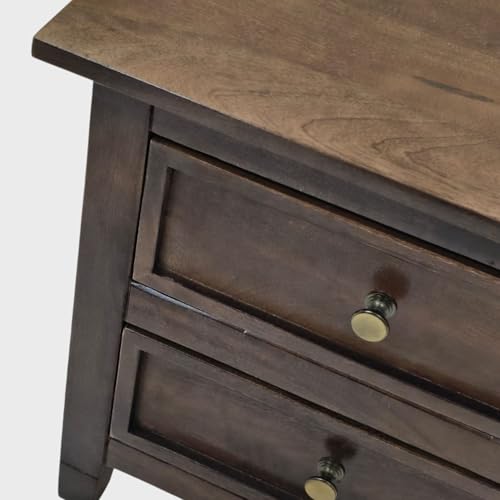 Image of Gharaana Kavya Wooden Bedside Table with Double Drawer Storage, Dark Walnut Finish, 46x38x46 cm