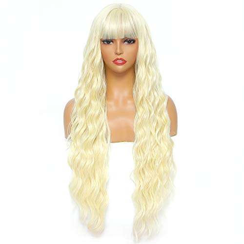 Sylhair 613 Blonde Wavy Wigs With Bangs 30 Inch Long Water Wave Wigs for Women Synthetic Hair Heat Resistant Fiber Loose Wave Wig (30" 613 Blonde)