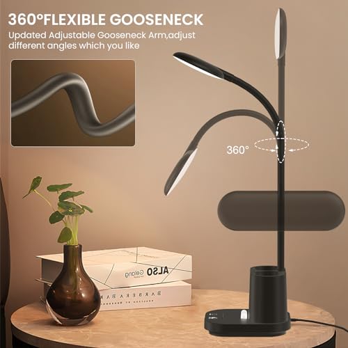 DEEPLITE LED Wired Desk lamp with USB Adapter Charging,Eye-Caring Study Lamp for Dorm Home Office,3 Colors Dimming Brightness Touch Control Table Lamp,Pen/Phone Holder,Flexible Gooseneck Reading Lamp