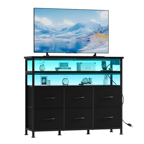 Image of NEWBULIG Dresser TV Stand with 6 Fabric Drawers and 2 Shelves, TV Media Console Table for Up to 45 inch, Entertainment Center with Charging Station for Living Room Bedroom, Black