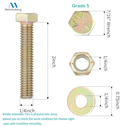 Image of 1 /4 inch x 2 inch Hex Head Bolt by Color Galvanization with Nylon Lock nut and Large Size Washer Assortment Kit,Alloy Steel,Grade 5.(8pcs Pack),by Metalsuberg