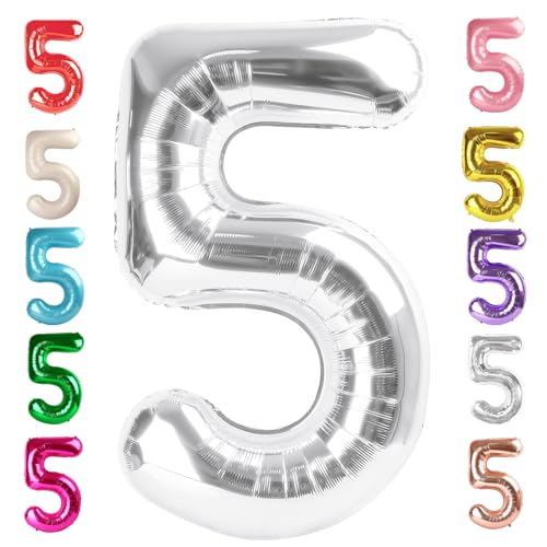Image of 5 Balloon Numbers Birthday Decorations, 40In Silver Balloons for Men Women | Eye-catching Appearance, Perfect Decorative Centerpieces, Convenient Self-sealing Structure, Widely for Various Occasions