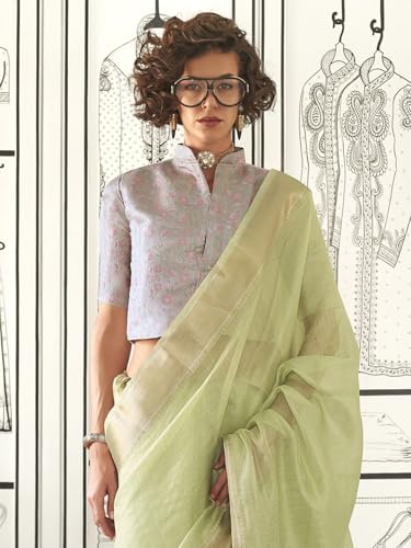 Image of MADHUHANSH Women's Cotton Linen Saree with Unstitched Blouse Piece and Solid Pattern | Mithila Painting Saree | Saree for Haldi Ceremony