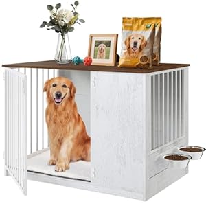 Dog Crate Furniture for Large Dogs, 36″ Indoor Wooden Dog Kennel with 270° Swivel Door & 360° Rotating Feeder, Decorative Heavy Duty Dog House with Double Locks & Bowls, White