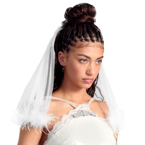 xo, Fetti White Feather Trim Bridal Veil | Bachelorette Party