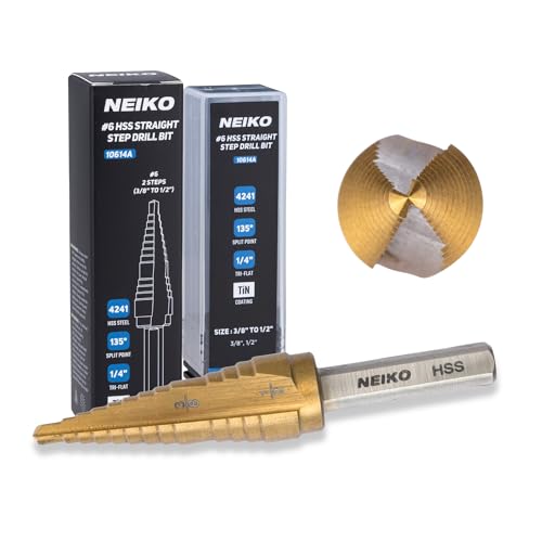 Image of NEIKO 10614A Step Drill Bit, 2 Steps 3 /8 inch to 1 /2 inch Straight High Speed Steel, Titanium Nitride Coated, 1 /4 inch Tri Flat Step Bits for Steel, Metal, Wood, Plastic, Unibit Cone Drill Bits, Two Flute