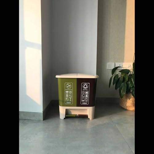 Image of Nayasa 2 in 1 Pedal Dustbin Bold - 25 L (12.5 L Each) | Twin Compartment Wet & Dry Waste Bin | Durable Plastic Pedal Bin for Home, Kitchen & Bathroom | Brown & Green