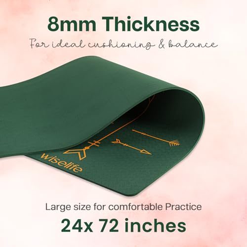 WiseLife TRUE Body BOHO Alignment Yoga Mat + Sleek Yoga Strap for Men & Women | Non-Slip, Extra Wide TPE Exercise Mat for Home, Pilates, Gym & Fitness (Green 8mm)