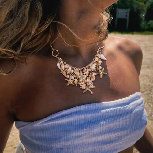 BriLove Bohemian Boho Handmade Simulated Pearls Natural Sea Shell Starfish Layered Collar Necklace for Women Summer Beach Accessories2