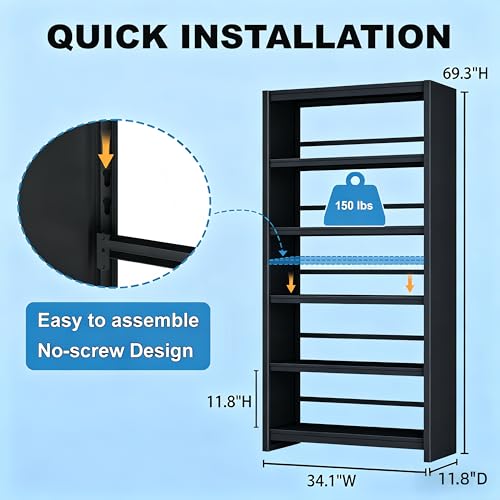 Image of 69 inch Tall Bookshelf, Industrial Bookcase, Easy Assembly, Black | Heavy Duty Metal, 5 Tier Display Storage Shelves, For Home Office, Living Room, Study