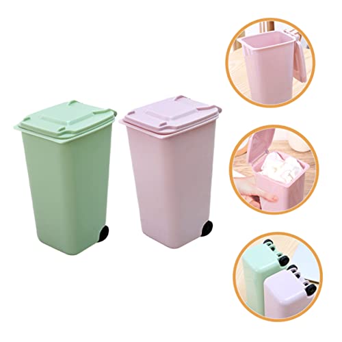 Image of 2pcs Mini Trash Can with Lid Compact Pink Desktop Trash Holder for Office Bedroom Kitchen and Car Multi-Functional Wastebasket Pen Organizer