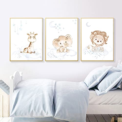 Cartoon Animal Canvas Wall Art Nursery Art Wall Decor Moon And Star Painting Cute Animal Pictures For Wall Cute Lion Elephant Painting Baby Animal Posters And Prints For Kids Room 12X16Inch Unframed #TOP3