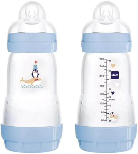 MAM Easy Start Babyflasche 260 ml, Anti-Kolik-Flasche für gemischtes Stillen, reduziert Luftblasen und das Risiko von Koliken, Zubehör für Neugeborene 2+ Monate, selbststerilisierend und mit Sauger
