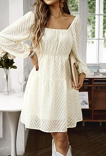 BestWendding Women's Casual Long Sleeve Mini Dress 2025 Summer Fall Square Neck Ruffle Tiered Flowy Loose Babydoll Dress3